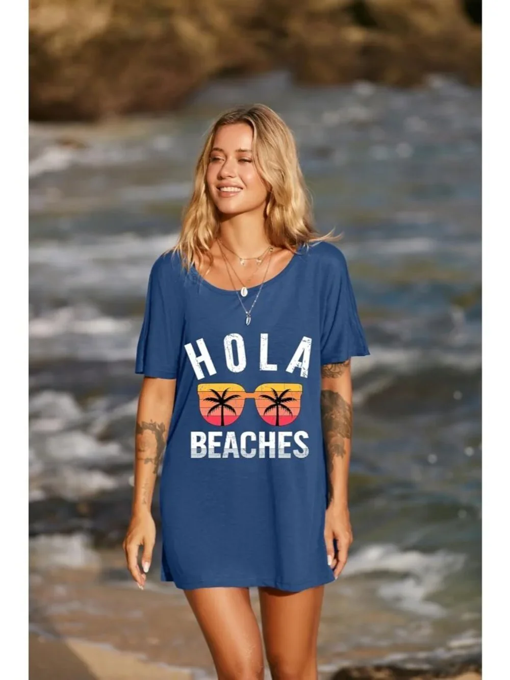 Women's Blue Hola Short Sleeve Cover Ups for Beach Bathing Suit Swimwear